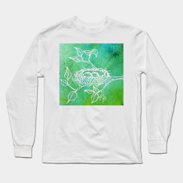 Bird nest on watercolor Long Sleeve T-Shirt by cschwebel